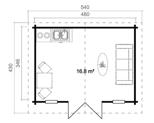 Grundriss eines Gartenhauses mit Möbeln und Küchenzeile mit einer Fläche von 16,8 Quadratmetern