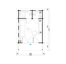 Grundriss eines Gartenhauses mit Bad, Wohnbereich und Möblierung