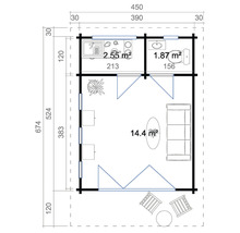 Grundriss eines Gartenhauses mit Wohn-, Küchen- und Sanitärbereich sowie Terrasse