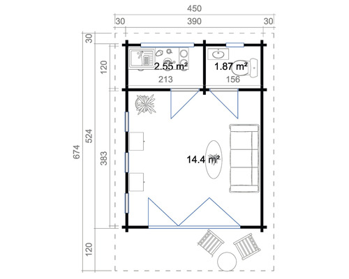 Grundriss eines Gartenhauses mit Wohn-, Küchen- und Sanitärbereich sowie Terrasse