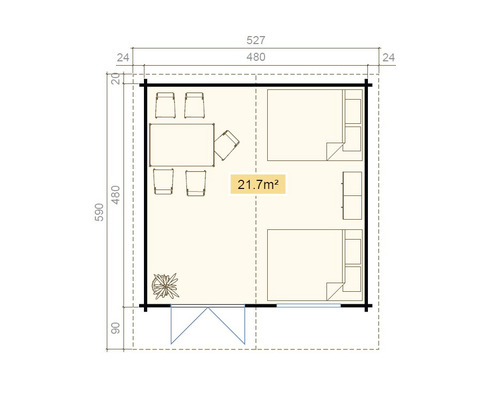 Grundriss eines Gartenhauses mit Möbeln und Größenangaben