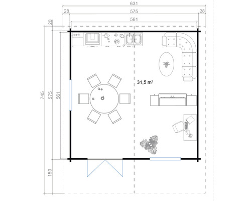 Grundriss eines Gartenhauses mit Küche, Essbereich und Wohnzimmer