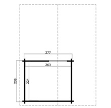 Grundrisszeichnung eines Gartenhauses mit Maßangaben
