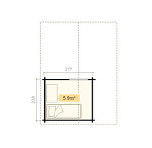Grundriss eines Gartenhauses mit einer Fläche von 5.9 Quadratmetern, Maßangaben in Zentimetern.