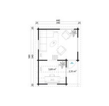 Grundriss eines Gartenhauses mit Maßen und Einrichtung