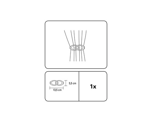 Abbildung einer Gardinenhalterung mit den Maßen 13,5 cm Breite und 5,5 cm Höhe.