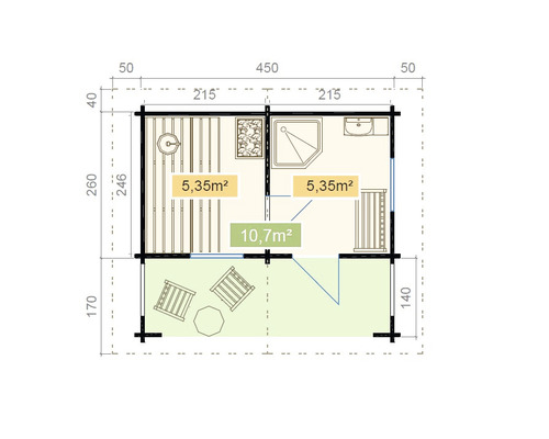 Grundriss eines Gartenhauses mit Sauna, Dusche und Terrasse mit Maßangaben