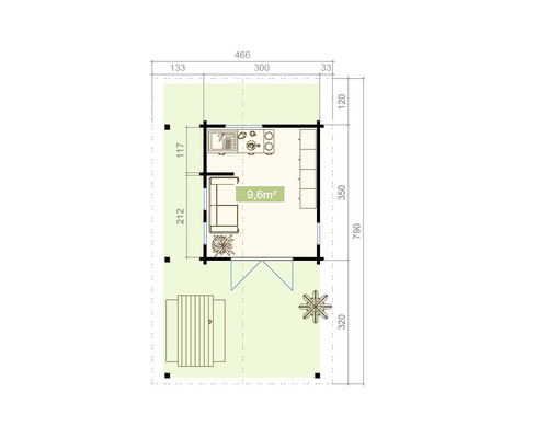 Grundrisszeichnung eines Gartenhauses mit Terrasse und Möbeln