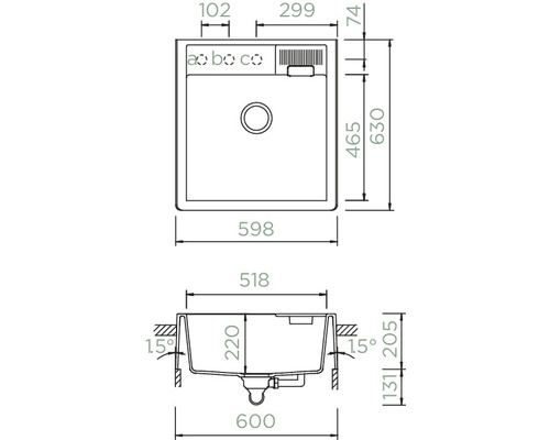 Technische Zeichnung einer Spüle mit Maßangaben