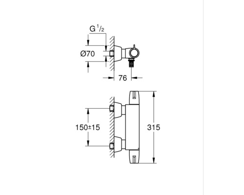 Technische Zeichnung eines Thermostats mit Maßangaben