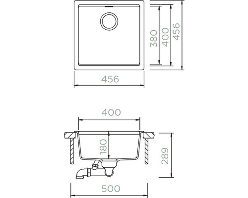 Technische Zeichnung einer Spüle mit Maßangaben