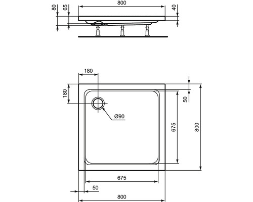 Technische Zeichnung einer Duschwanne mit Maßen