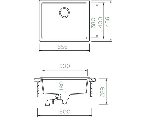Zeichnung einer Spüle mit Maßangaben