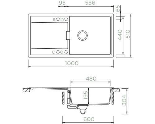 Technische Zeichnung einer Küchenspüle mit Maßangaben