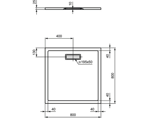 Technische Zeichnung einer Duschwanne mit Maßangaben