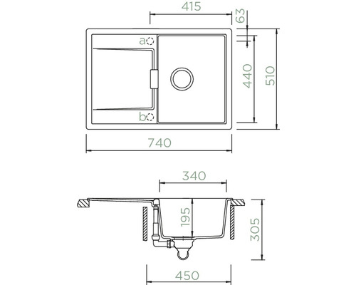 Technische Zeichnung einer Spüle mit den dazugehörigen Maßangaben.