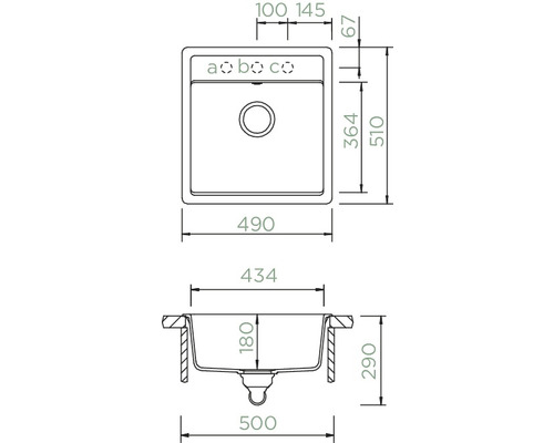 Technische Zeichnung einer Küchenspüle mit Maßangaben