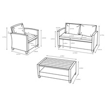 Skizze einer Loungegruppe mit Sessel, Sofa und Tisch mit Maßangaben