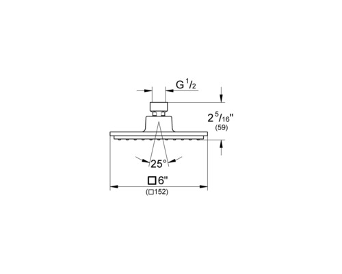 Technische Zeichnung eines Duschkopfs mit Maßangaben