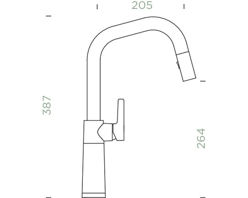 Technische Zeichnung einer Küchenarmatur mit Brause und Maßangaben
