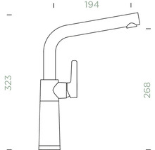 Technische Zeichnung einer Küchenarmatur mit Höhen- und Breitenangaben.
