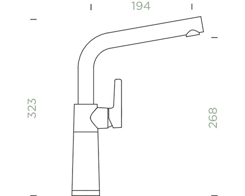 Technische Zeichnung einer Küchenarmatur mit Höhen- und Breitenangaben.