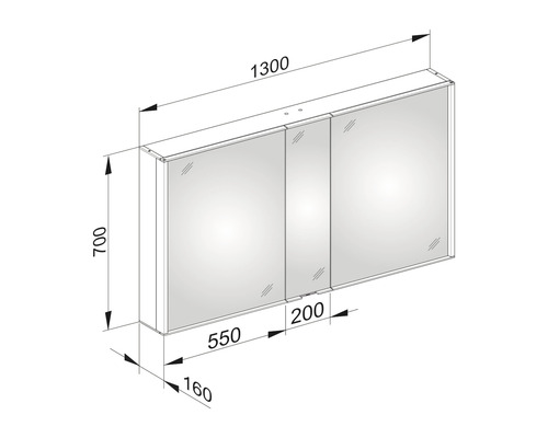 Zeichnung eines Spiegelschranks mit Maßangaben für den Installationsbereich.