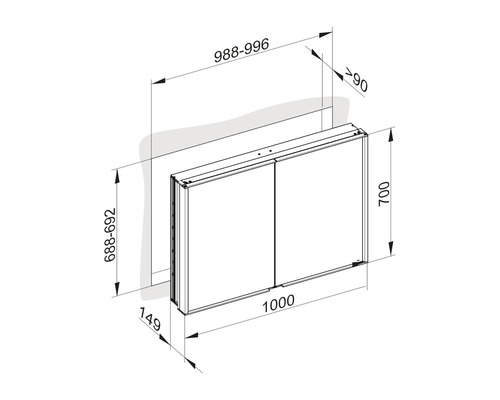 Technische Zeichnung eines Spiegelschrankes mit Maßangaben