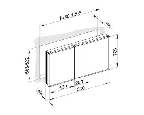 Technische Zeichnung eines Spiegelschranks mit Maßangaben