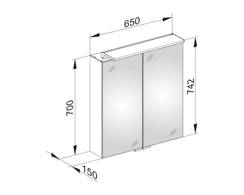 Technische Zeichnung eines Spiegelschranks mit Breiten-, Höhen- und Tiefenangaben