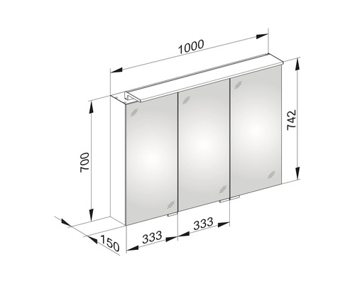 Technische Zeichnung eines Spiegelschranks mit Maßangaben
