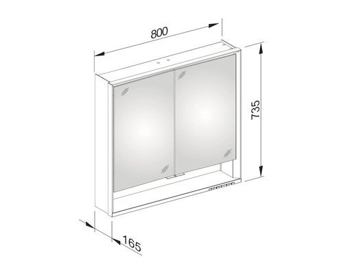 Technische Zeichnung eines Spiegelschranks mit Maßangaben