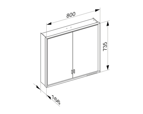 Technische Zeichnung eines Spiegelschranks mit den Maßen 800 x 735 x 166 Millimeter