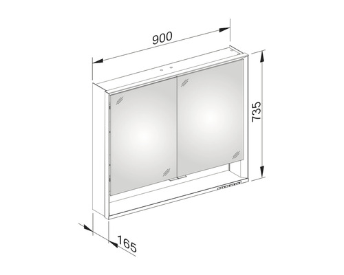 Technische Zeichnung eines Spiegelschrankes mit den Maßen 900, 735 und 165 Millimeter.