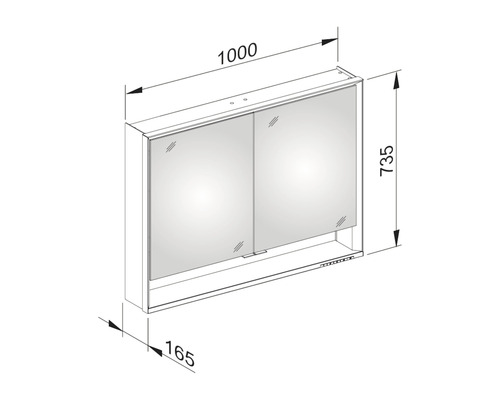 Technische Zeichnung eines Spiegelschranks mit Maßangaben
