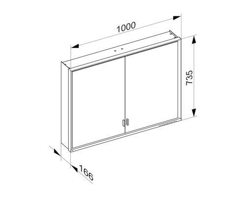 Technische Zeichnung eines Spiegelschranks mit Maßangaben