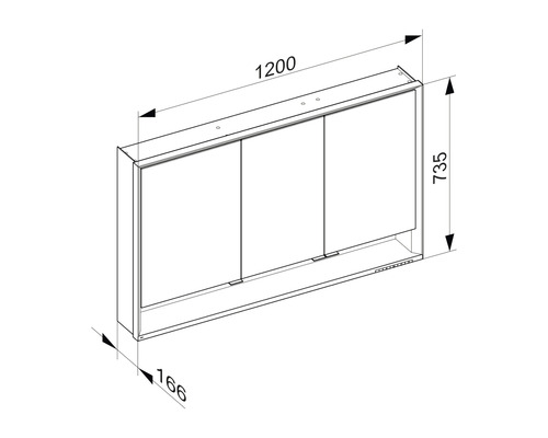 Technische Zeichnung eines Spiegelschranks mit drei Türen und Maßangaben.