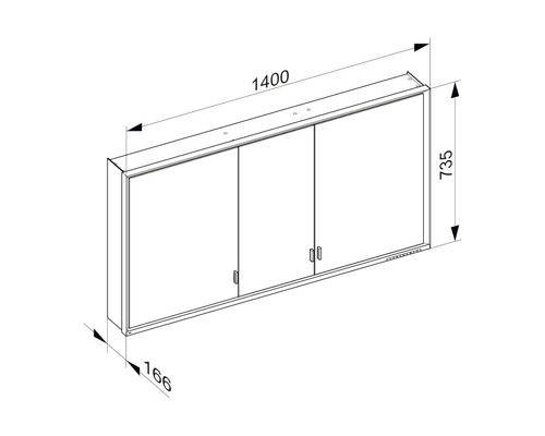 Technische Zeichnung eines Spiegelschranks mit den Maßen 1400 x 735 x 166 Millimeter.