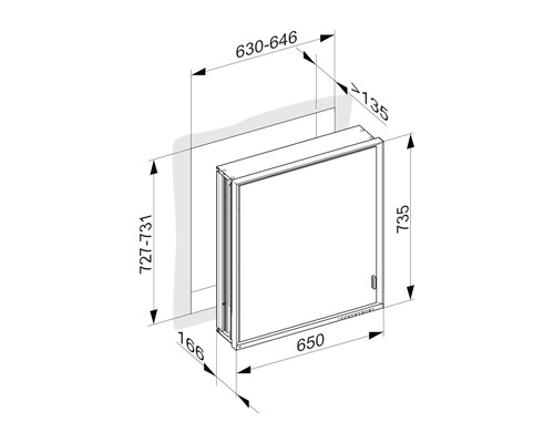 Technische Zeichnung eines Spiegelschranks mit Maßangaben