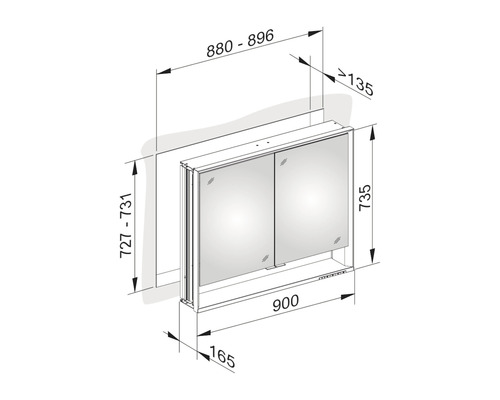 Maßzeichnung eines Spiegelschranks mit den Abmessungen.