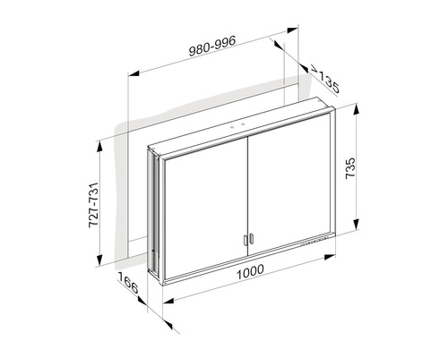 Technische Zeichnung eines Spiegelschrankes mit Maßangaben.