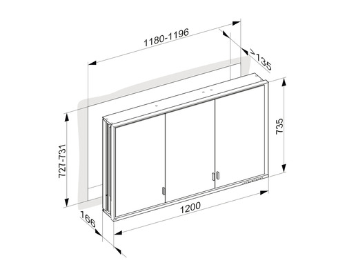 Technische Zeichnung eines Spiegelschrankes mit Maßangaben.