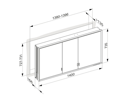 Technische Zeichnung eines Spiegelschranks mit Maßen