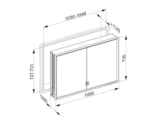 Technische Zeichnung eines Spiegelschrankes mit Maßangaben