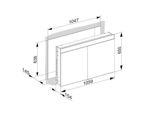 Technische Zeichnung eines Spiegelschranks mit Maßangaben.