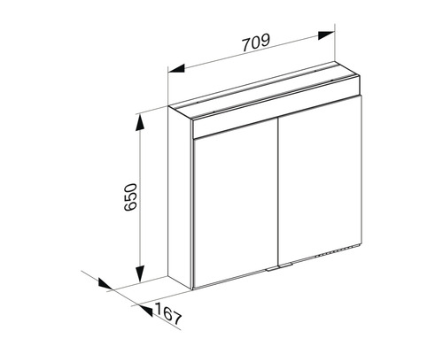 Technische Zeichnung eines Spiegelschrankes mit Maßangaben.