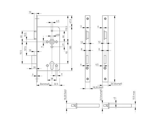 Technische Zeichnung eines Türschlosses mit Maßen