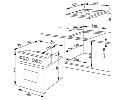 Maßzeichnung für einen Herd mit Kochfeld und Einbaumaße für den Küchenschrank