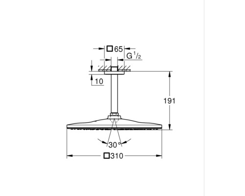 Technische Zeichnung einer Kopfbrause mit Maßangaben