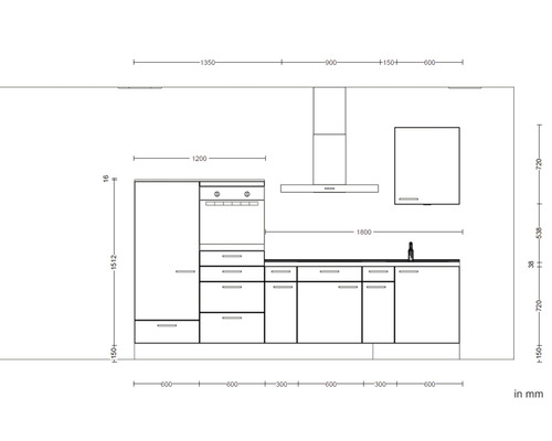 Skizze einer Küchenzeile mit Maßen für die Küchenplanung.